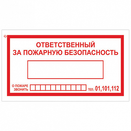 Знак вспомогательный "Ответственный за пожарную безопасность", 250х140 мм, пленка самоклеящаяся, 610049/В43