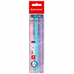 Ручки гелевые с грипом BRAUBERG "VIVID PASTEL", СИНИЕ, НАБОР 3 ШТ., игольчатый узел 0,5 мм, линия письма 0,35 мм, 144540