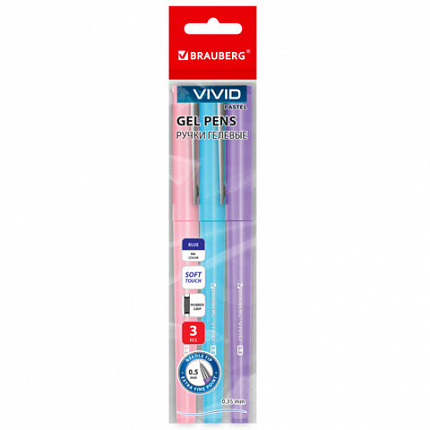 Ручки гелевые с грипом BRAUBERG "VIVID PASTEL", СИНИЕ, НАБОР 3 ШТ, игольчатый узел 0,5 мм, линия письма 0,35 мм, 144540
