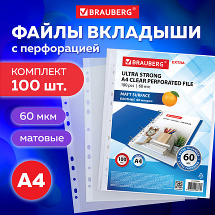 Папки-файлы перфорированные А4 BRAUBERG "МАТОВЫЕ EXTRA 600", КОМПЛЕКТ 100 шт., ПЛОТНЫЕ, 60 мкм, 229664