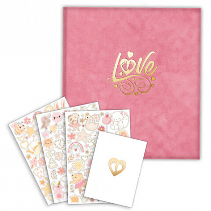 Фотоальбом-анкета детский 23х25 см, 32 листа, стикеры, открытка, конверт, розовый бархат, BRAUBERG, 391419