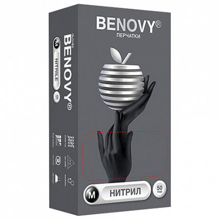 Перчатки нитриловые смотровые 50 пар (100 штук), размер 7-8, M (средний), черные, BENOVY Nitrile Chlorinated