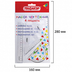 Набор чертежный ПИФАГОР (линейка 16 см, 2 треугольника, транспортир), прозрачный, европодвес, 210850