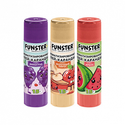 Клей-карандаш ароматизированный FUNSTER (ФАНСТЕР) (яблоко, арбуз, виноград), 15 г, ВЫГОДНАЯ УПАКОВКА, 3 штуки на блистере, 274270
