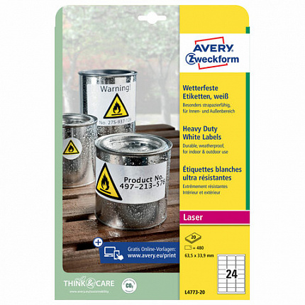 Этикетка самоклеящаяся ВСЕПОГОДНАЯ 63,5х33,9 мм, 24 этикетки, полиэстер, белая, 20 листов, Avery Zweckform, L7917-10, L4773-20