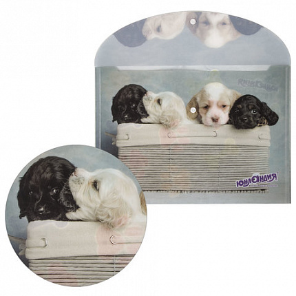 Папка-конверт с кнопкой ЮНЛАНДИЯ "Щенки", А4, 160 мкм, до 100 листов, цветная печать, 228050