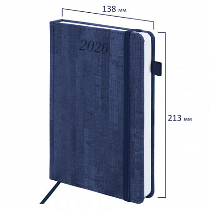 Ежедневник датированный 2026 А5 138x213 мм, BRAUBERG "Wood", под кожу, держатель для ручки, синий, 117106