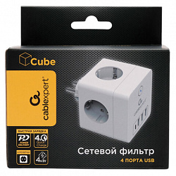 Сетевой фильтр CABLEXPERT Cube, 4 розетки, 16 А, 1 x Type-C PD, 3 х USB, белый, CUBE-4-СU3-W, CUBE-4-CU3-W
