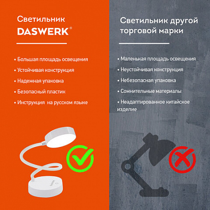 Настольная лампа светильник портативная, LED, 3 Вт, белый, DASWERK, 237990