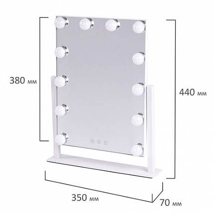 Зеркало для макияжа гримерное с подсветкой, 12 LED-ламп, 3 режима свечения, размер 29х38 см, работа от сети 220V, цвет белый, BRABIX, 609336