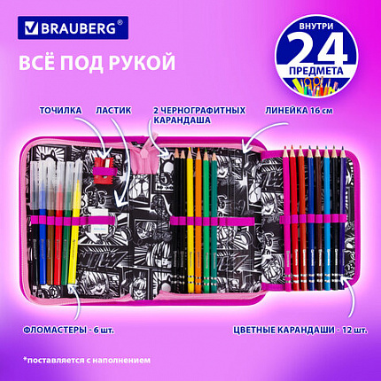 Пенал BRAUBERG с наполнением, 1 отделение, 1 откидная планка, 24 предмета, 21х14 см, "Комиксы", 272349