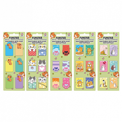 Закладки для книг МАГНИТНЫЕ, "АССОРТИ 5 ДИЗАЙНОВ ЗВЕРЯТА", набор 6 штук, 35x25 мм, FUNSTER, 116651