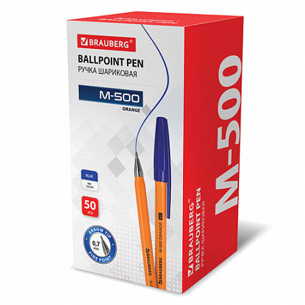Ручка шариковая BRAUBERG "M-500 ORANGE", СИНЯЯ, корпус оранжевый, узел 0,7 мм, линия письма 0,35 мм, 143448