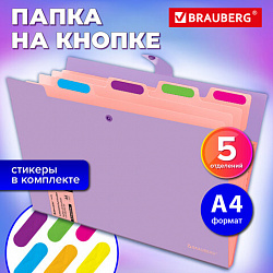 Папка-органайзер на кнопке 5 отделений, BRAUBERG "Extra", А4, лиловая с персиковым, 274098