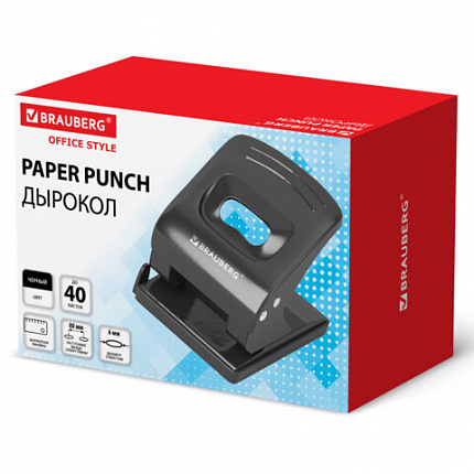 Дырокол металлический BRAUBERG "Office style", до 40 листов, черный, 273955