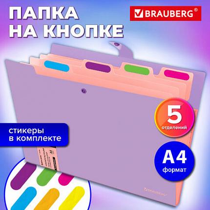 Папка-органайзер на кнопке 5 отделений, BRAUBERG "Extra", А4, лиловая с персиковым, 274098