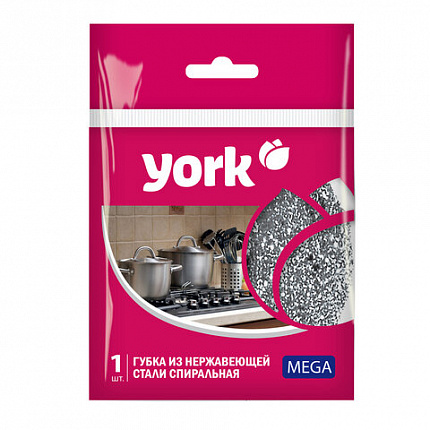 Губка (мочалка) металлическая, спиральная, 40г, МЕГА, для посуды, гриля, плиты, YORK,, 2030
