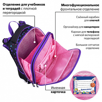 Ранец BRAUBERG PREMIUM, 2 отделения, с брелоком, "Neon cat", 38х29х16 см, 271352