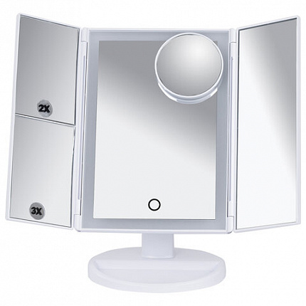 Зеркало настольное с LED-подсветкой для макияжа, размер 24х18 см, складное, увеличение х2, х3, х10, белое, BRABIX, 609337
