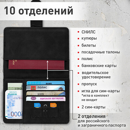 Обложка для паспорта и документов с защитой от считывания, 9 карманов, магнит, экокожа, черная, BRAUBERG, 238757