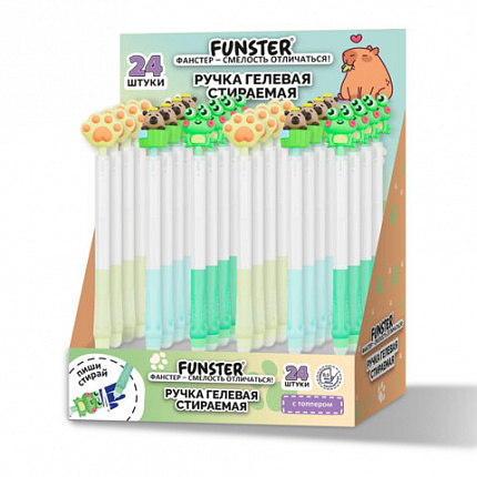 Ручка стираемая с топпером гелевая FUNSTER "CUTE ANIMALS", СИНЯЯ, ассорти, пишущий узел 0,5 мм, 144516