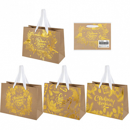Пакет подарочный (1 шт.) новогодний, 27х11х20 см, "Shiny Kraft", фольга, ассорти, ЗОЛОТАЯ СКАЗКА, 592437
