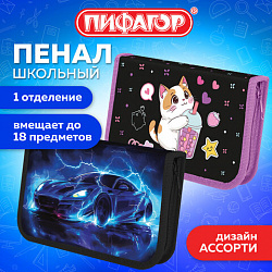 Пенал ПИФАГОР, 1 отделение, ламинированный картон, 19х11 см, АССОРТИ, 274559