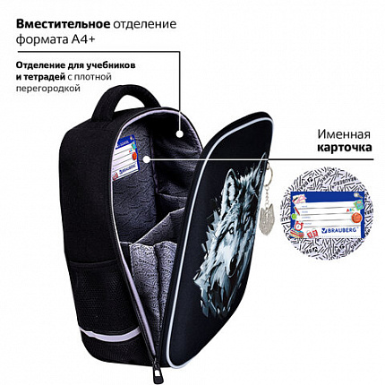 Ранец BRAUBERG LIGHT, 1 отделение, с брелоком, "Серый волк", 36х26х13 см, 273111
