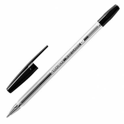 Ручка шариковая BRAUBERG "M-500 CLASSIC", ЧЕРНАЯ, корпус прозрачный, узел 0,7 мм, линия письма 0,35 мм, 143445