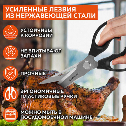 Ножницы кухонные DASWERK (ДАСВЕРК), 230 мм, разборные, с открывашками, зазубренные, 608906
