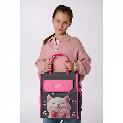 Сумка шоппер BRAUBERG KIDS для занятий, с дополнительными карманами, плечевой ремень, "Кот-мурлыка", 274651