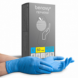 Перчатки нитриловые смотровые 50 пар (100 шт.), размер L, голубые BENOVY Nitrile Chlorinated, ЧЗ, К