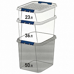 Ящик-контейнер 50 л с КРЫШКОЙ НА ЗАЩЕЛКАХ "ПРОФИ", 40х50х39 см, штабелируемый, ПРОЧНЫЙ, прозрачный, 437960000
