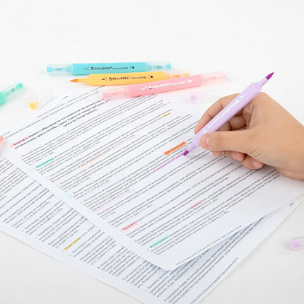 Набор текстовыделителей двусторонних (скошенный/кисть) 6 ПАСТЕЛЬНЫХ ЦВЕТОВ, АССОРТИ, BRAUBERG TIP-D, трехгранный корпус, 152533