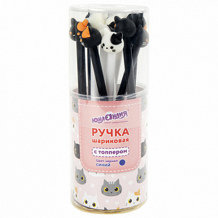 Ручка с топпером шариковая ЮНЛАНДИЯ "Кошка", корпус ассорти, СИНЯЯ, пишущий узел 0,7 мм, 143804