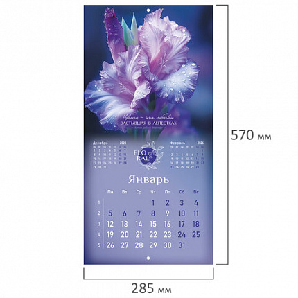 Календарь настенный перекидной 2026г, BRAUBERG, 12 листов, 28,5х28,5см, Floral, 116939