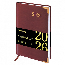 Ежедневник датированный 2026, А5, 138x213 мм, BRAUBERG "Senator", под кожу, коричневый, 117090