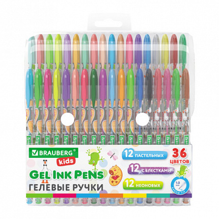 Ручки гелевые BRAUBERG KIDS "CUTE ANIMALS", НАБОР 36 ЦВЕТОВ, корпус с печатью, узел 1 мм, линия письма 0,7 мм, 144448