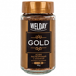 Кофе растворимый WELDAY (ВЭЛДЭЙ) "GOLD" 95 г, стеклянная банка, сублимированный, 622675