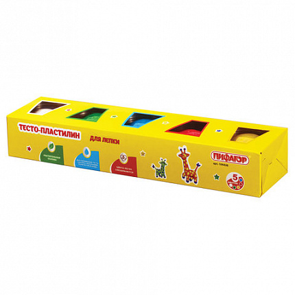 Пластилин на растительной основе (тесто для лепки) ПИФАГОР, 5 цветов, 450 г, картонный рукав, 104438