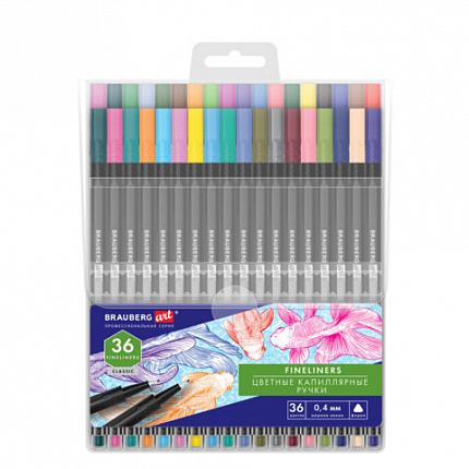 Ручки капиллярные (линеры), 36 ЦВЕТОВ, BRAUBERG ART, CLASSIC, трехгранные, металлический наконечник, линия письма 0,4 мм, 144150