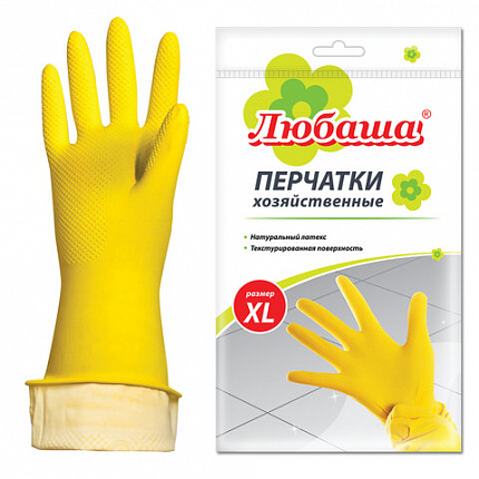 Перчатки МНОГОРАЗОВЫЕ латексные ЛЮБАША "ЭКОНОМ", хлопчатобумажное напыление, размер 9-10, XL (очень большой), желтые, вес 34 г, 603786