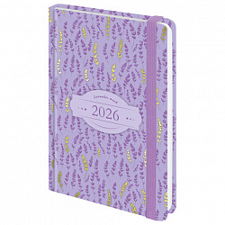 Ежедневник датированный 2026 с резинкой 145х203 мм, А5, BRAUBERG твердый, фольга, "Лаванда", 117344