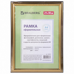 Рамка 21х30 см небьющаяся, пластик, багет 20 мм, BRAUBERG "HIT3", золото, 390990