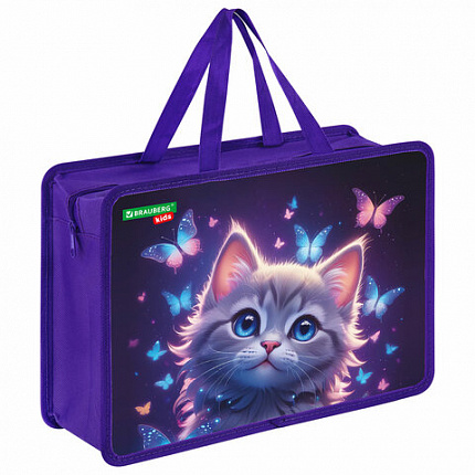 Папка на молнии с ручками BRAUBERG KIDS А4, 1 отделение, пластик, 100 мм, "Любознательный кот", 273376
