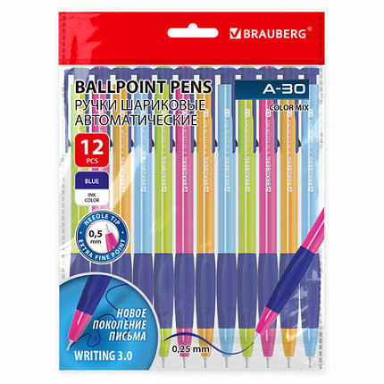 Ручки шариковые автоматические BRAUBERG A-30 COLOR MIX "WRITING 3.0", КОМПЛЕКТ 12 ШТ., СИНИЕ, узел 0,5 мм, линия 0,25 мм, 144342