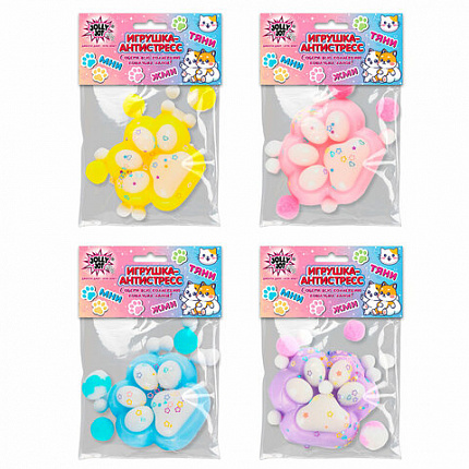 Игрушка-антистресс "ДВУХЦВЕТНАЯ КОШАЧЬЯ ЛАПКА С ПОМПОНАМИ", 7х6 см, ассорти 4 вида, дисплей, JOLLY JOT (ДЖОЛЛИ ДЖОТ), 665768