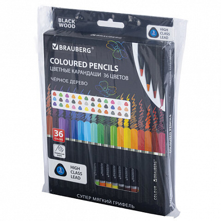 Карандаши цветные чёрное дерево BRAUBERG BLACK WOOD, 36 цветов, мягкий грифель 3 мм, 182042