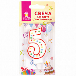 Свеча-цифра для торта "5" ДВУСТОРОННЯЯ с конфетти, 8,5 см, ЗОЛОТАЯ СКАЗКА, держатель, блистер, 591398