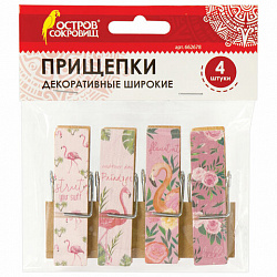 Прищепки декоративные широкие "Фламинго", 4 штуки, 7,2 см, ассорти, ОСТРОВ СОКРОВИЩ, 662678